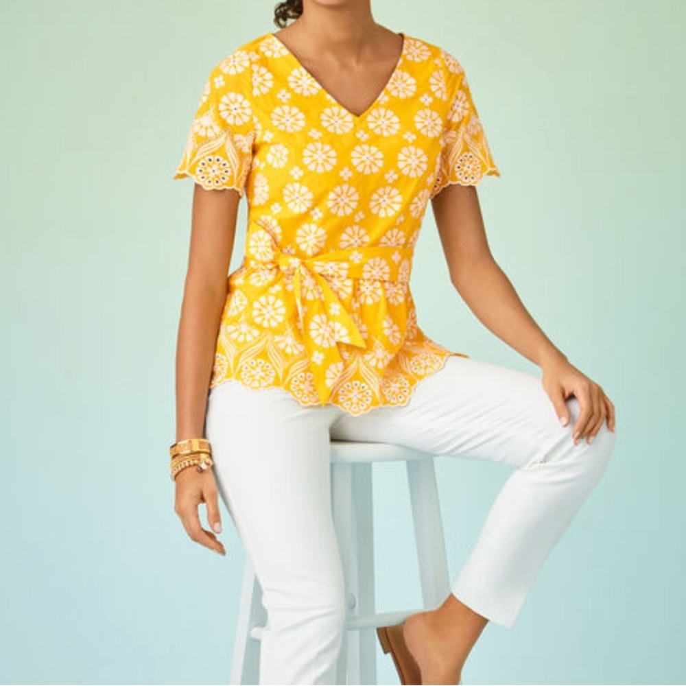 Talbots Yellow and White Eyelet Floral V-Neck Peplum Blouse Size 14